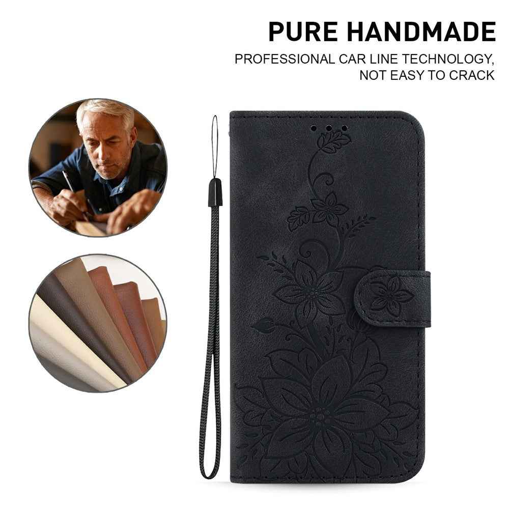 For Samsung Galaxy A57 5G Stand Case Lily Flower Imprint Leather Phone Cover with Wrist Strap - Black
