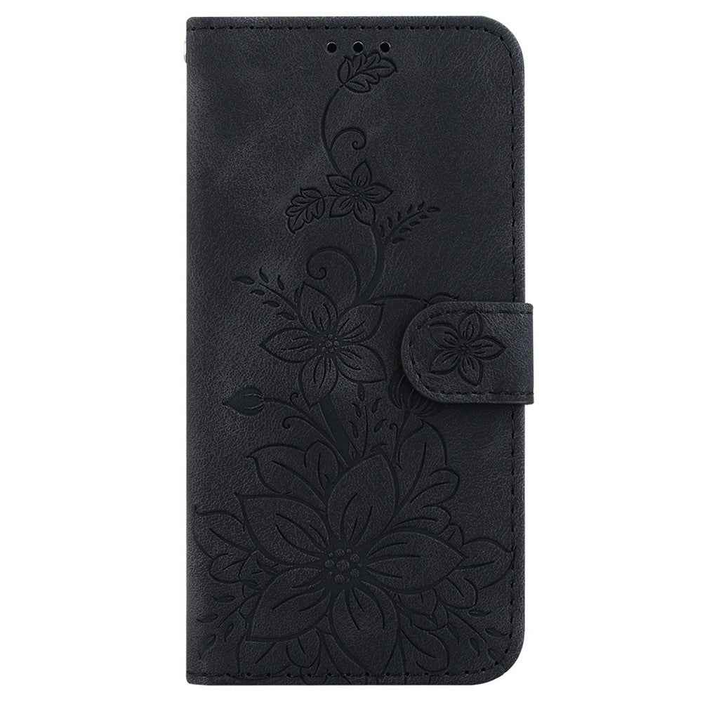 For Samsung Galaxy A57 5G Stand Case Lily Flower Imprint Leather Phone Cover with Wrist Strap - Black
