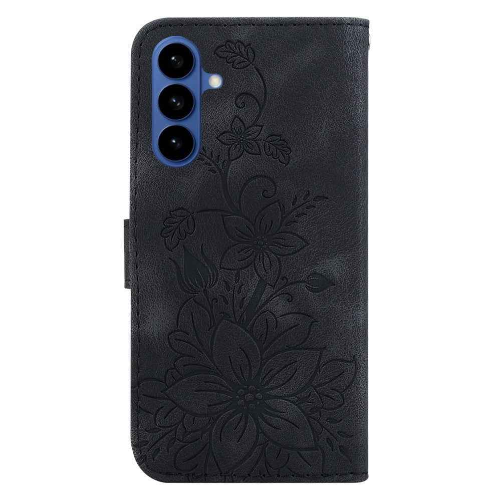For Samsung Galaxy A57 5G Stand Case Lily Flower Imprint Leather Phone Cover with Wrist Strap - Black