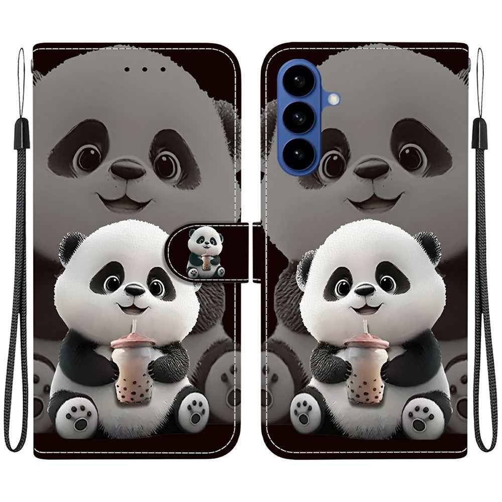 For Samsung Galaxy A57 5G Leather Case Stand Wallet Pattern Printing Phone Cover with Wrist Strap - Milk Tea Panda