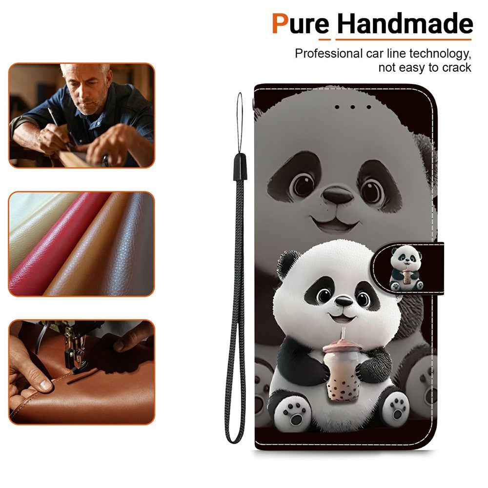 For Samsung Galaxy A57 5G Leather Case Stand Wallet Pattern Printing Phone Cover with Wrist Strap - Milk Tea Panda