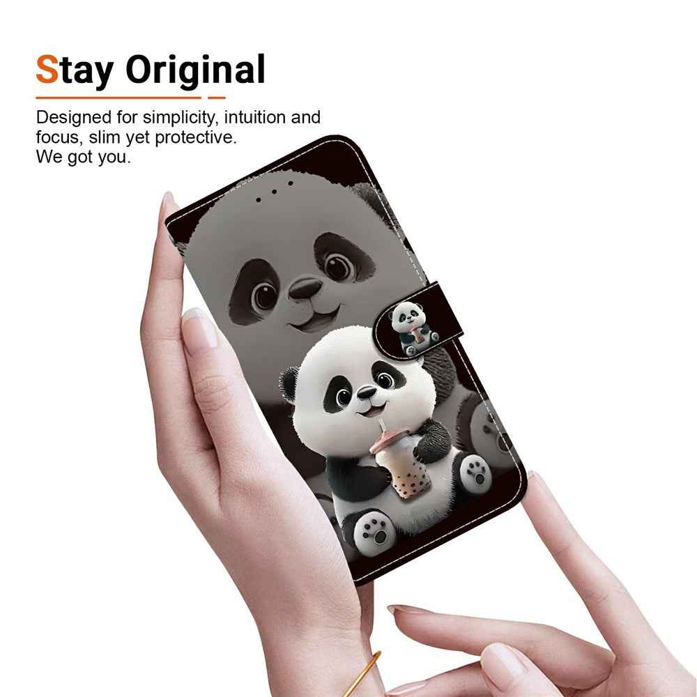 For Samsung Galaxy A57 5G Leather Case Stand Wallet Pattern Printing Phone Cover with Wrist Strap - Milk Tea Panda