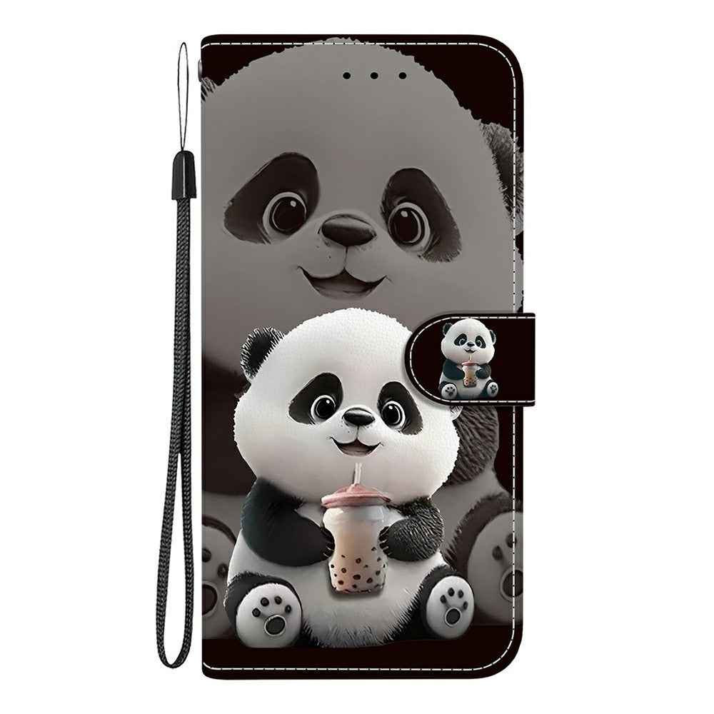 For Samsung Galaxy A57 5G Leather Case Stand Wallet Pattern Printing Phone Cover with Wrist Strap - Milk Tea Panda