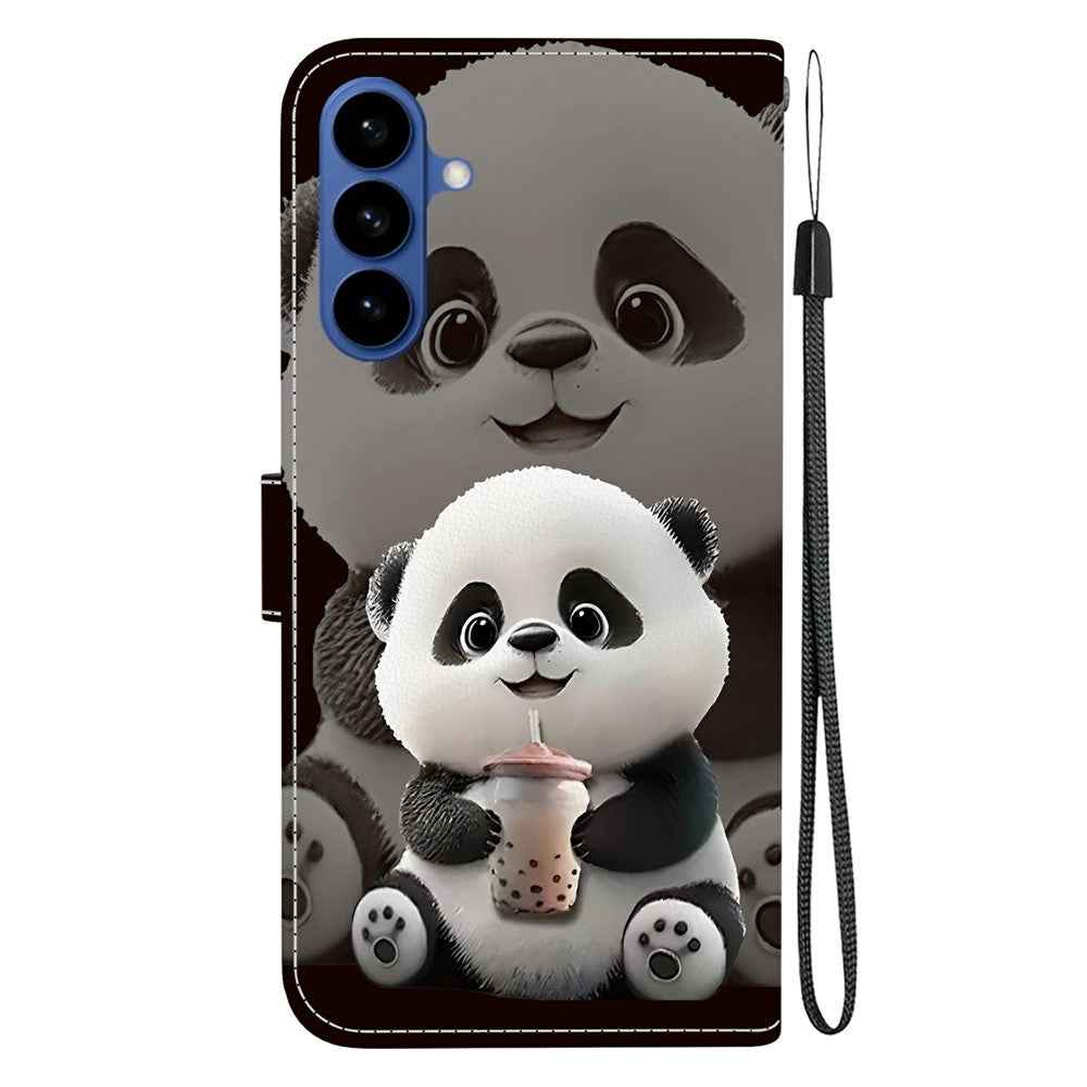 For Samsung Galaxy A57 5G Leather Case Stand Wallet Pattern Printing Phone Cover with Wrist Strap - Milk Tea Panda
