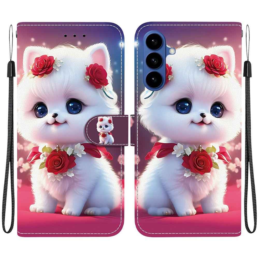 For Samsung Galaxy A57 5G Leather Case Stand Wallet Pattern Printing Phone Cover with Wrist Strap - Rose Cat