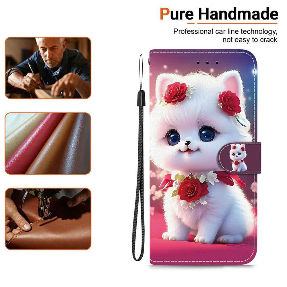 For Samsung Galaxy A57 5G Leather Case Stand Wallet Pattern Printing Phone Cover with Wrist Strap - Rose Cat