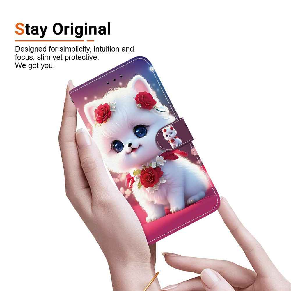 For Samsung Galaxy A57 5G Leather Case Stand Wallet Pattern Printing Phone Cover with Wrist Strap - Rose Cat