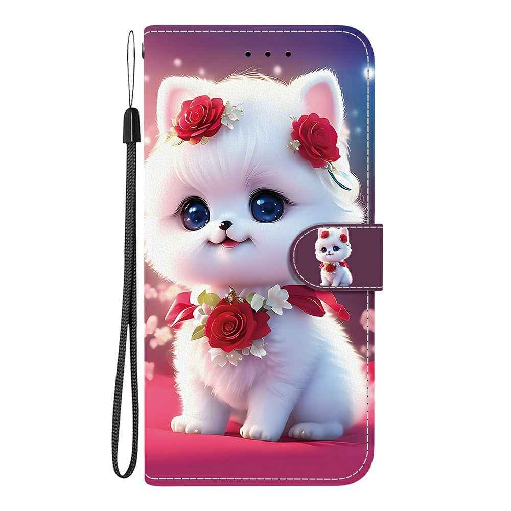For Samsung Galaxy A57 5G Leather Case Stand Wallet Pattern Printing Phone Cover with Wrist Strap - Rose Cat