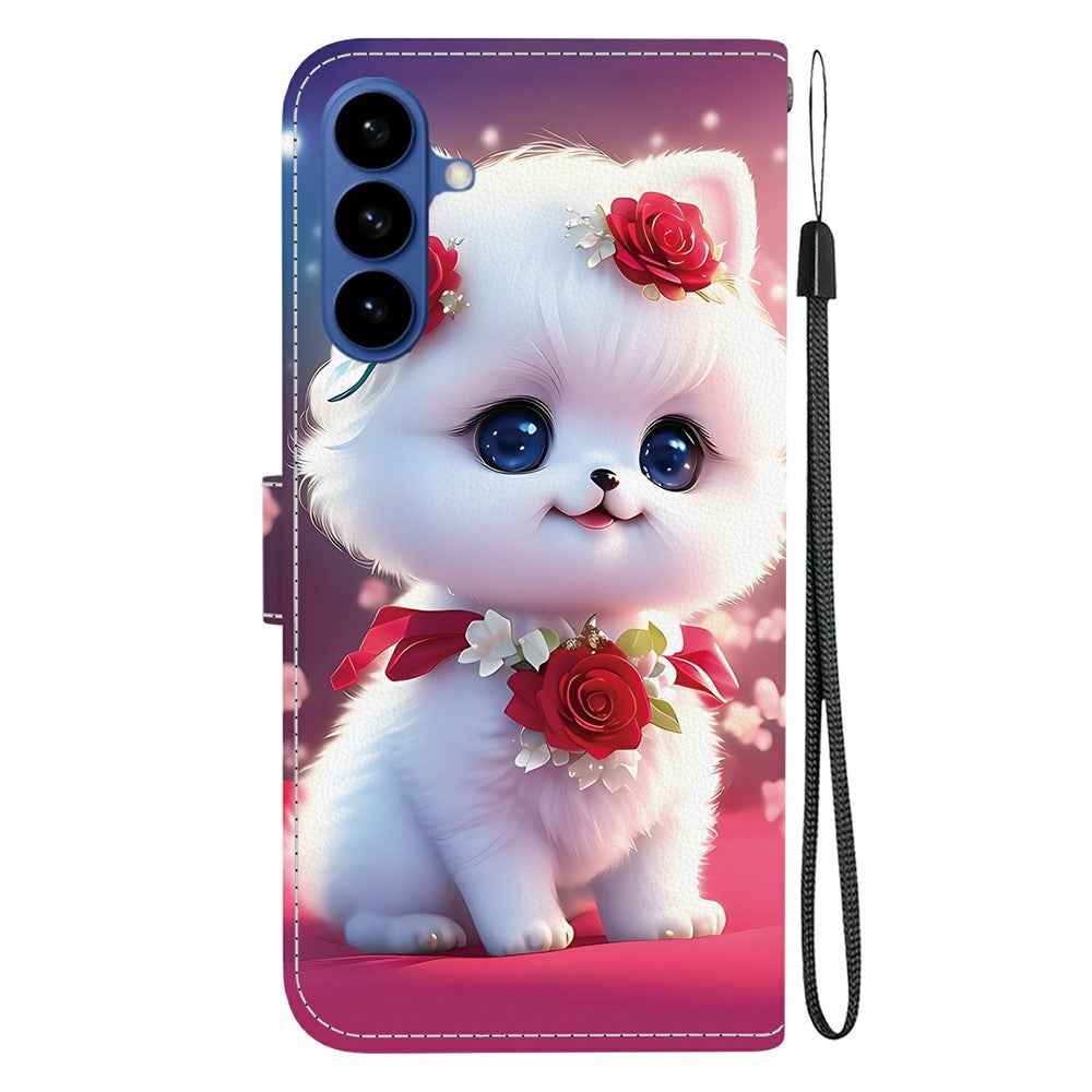 For Samsung Galaxy A57 5G Leather Case Stand Wallet Pattern Printing Phone Cover with Wrist Strap - Rose Cat
