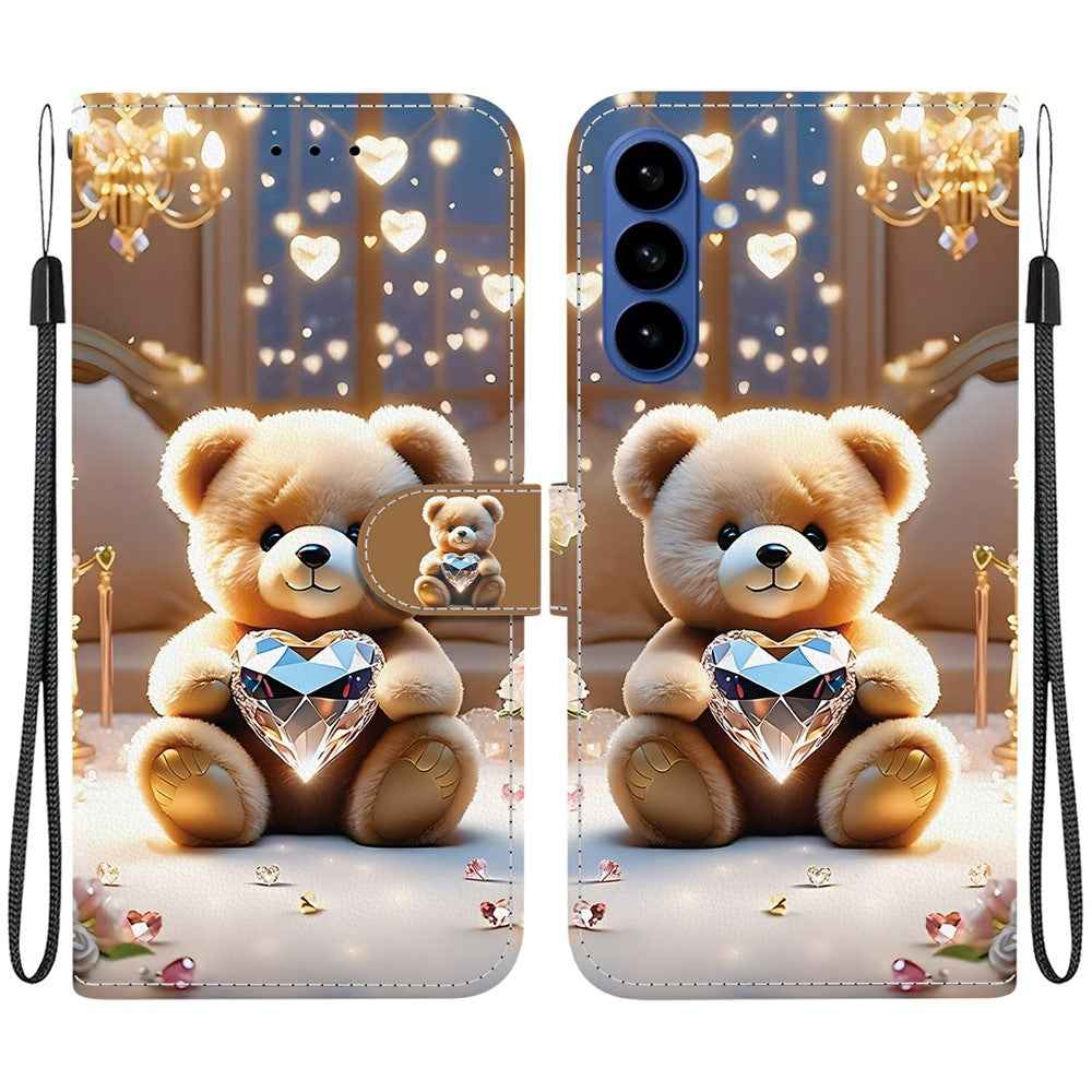 For Samsung Galaxy A57 5G Leather Case Stand Wallet Pattern Printing Phone Cover with Wrist Strap - Diamond Bear