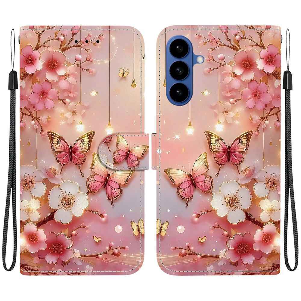 For Samsung Galaxy A57 5G Leather Case Stand Wallet Pattern Printing Phone Cover with Wrist Strap - Lantern Butterfly