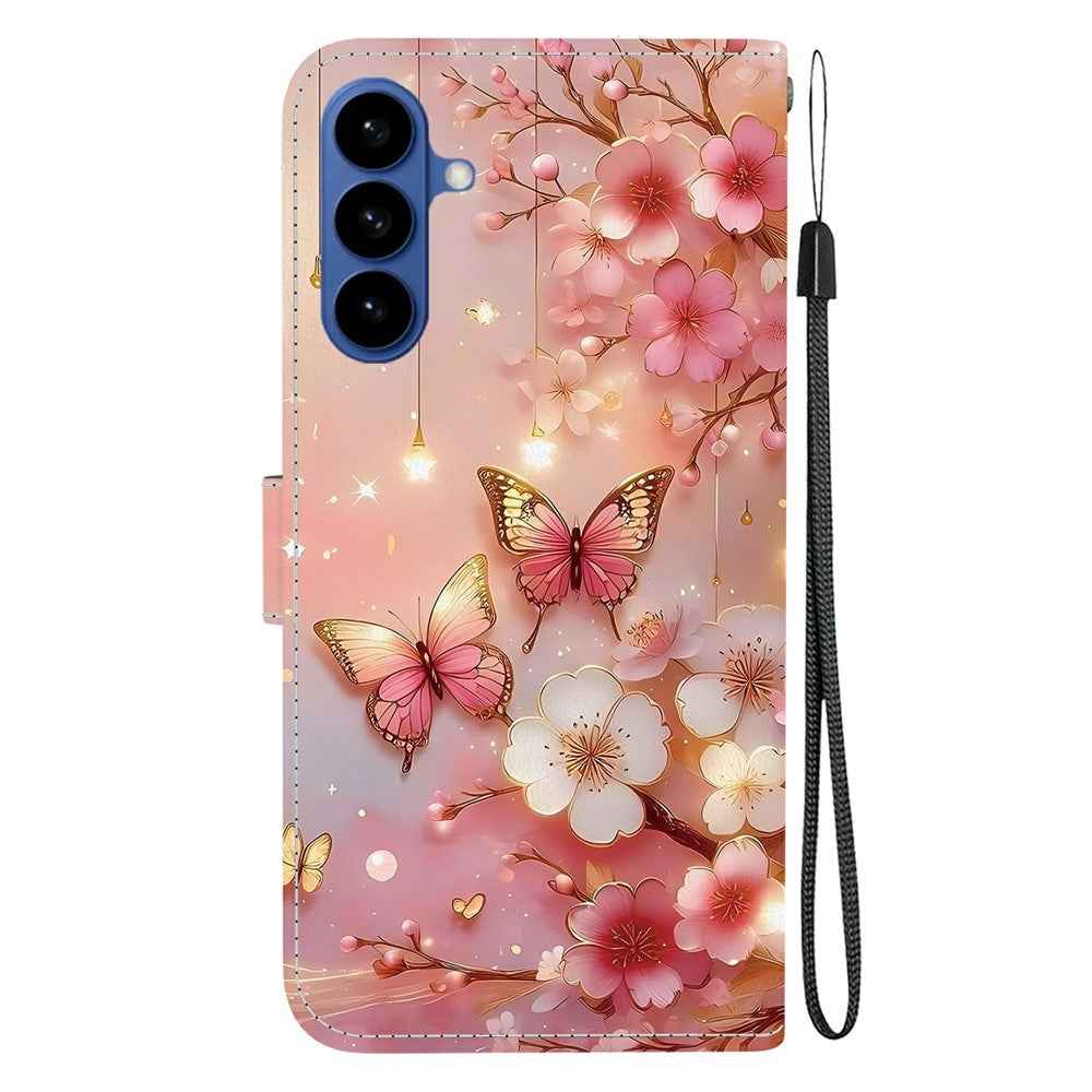 For Samsung Galaxy A57 5G Leather Case Stand Wallet Pattern Printing Phone Cover with Wrist Strap - Lantern Butterfly