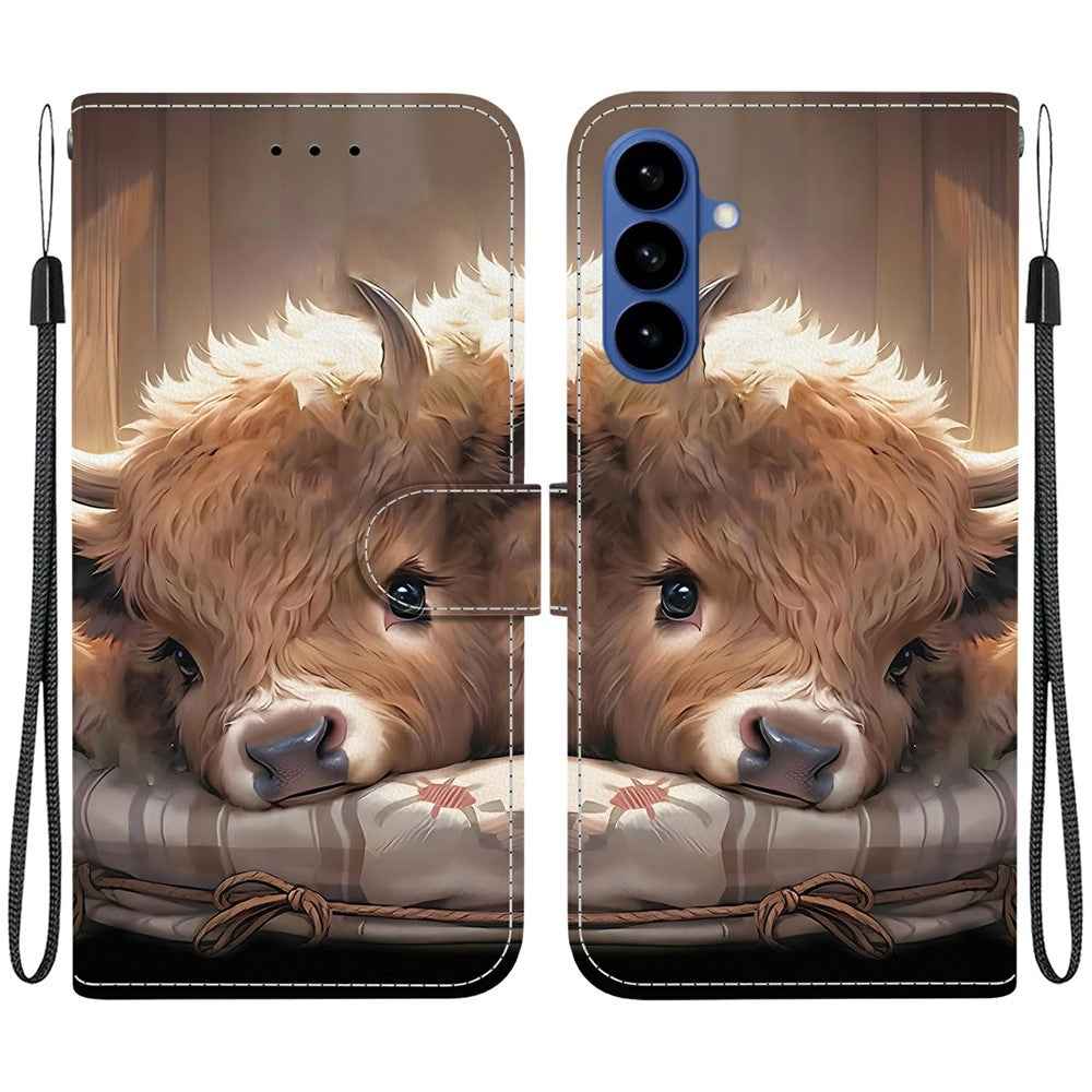 For Samsung Galaxy A57 5G Leather Case Stand Wallet Pattern Printing Phone Cover with Wrist Strap - Calf