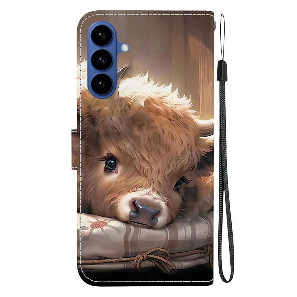 For Samsung Galaxy A57 5G Leather Case Stand Wallet Pattern Printing Phone Cover with Wrist Strap - Calf