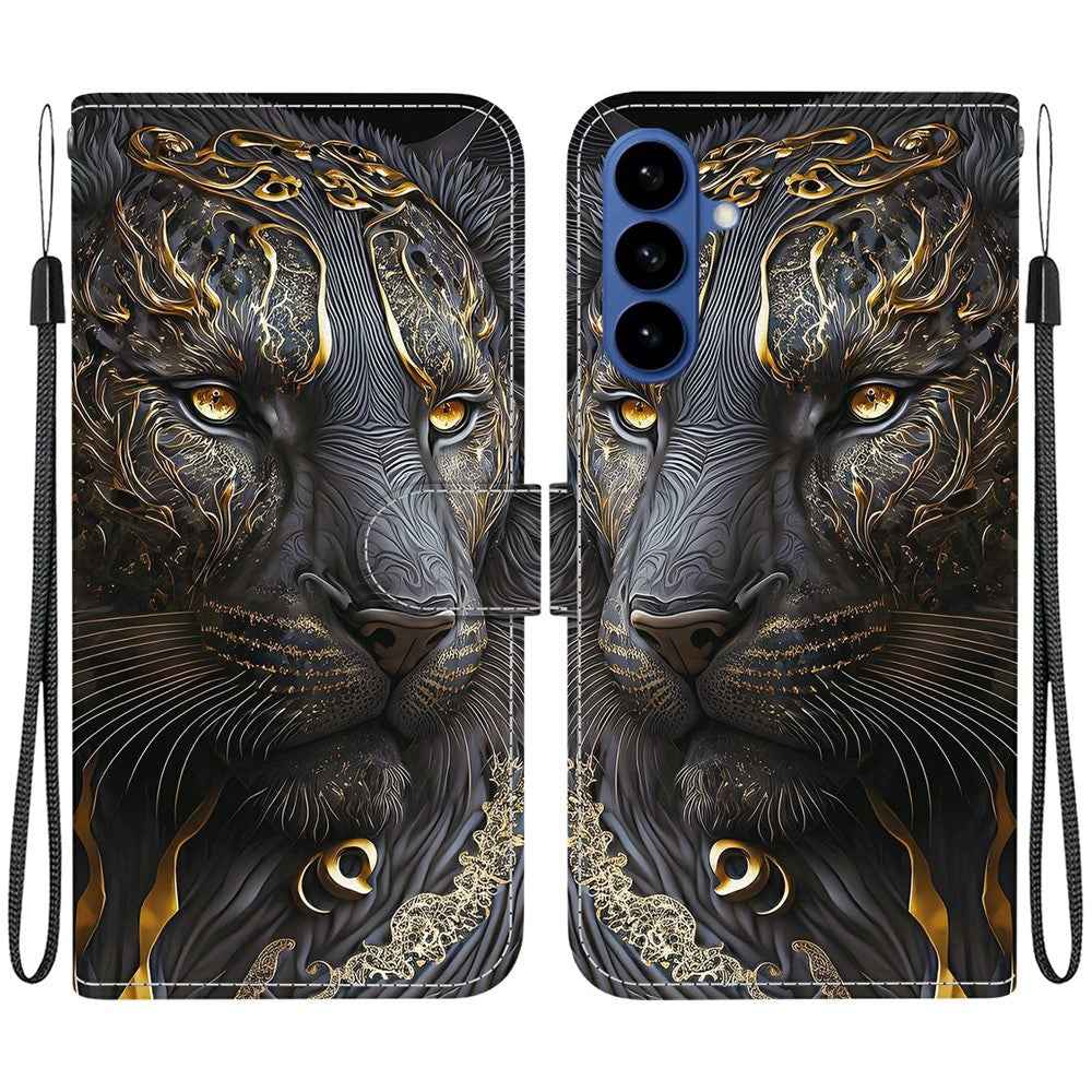 For Samsung Galaxy A57 5G Leather Case Stand Wallet Pattern Printing Phone Cover with Wrist Strap - Black Gold Lion