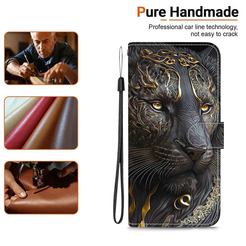 For Samsung Galaxy A57 5G Leather Case Stand Wallet Pattern Printing Phone Cover with Wrist Strap - Black Gold Lion