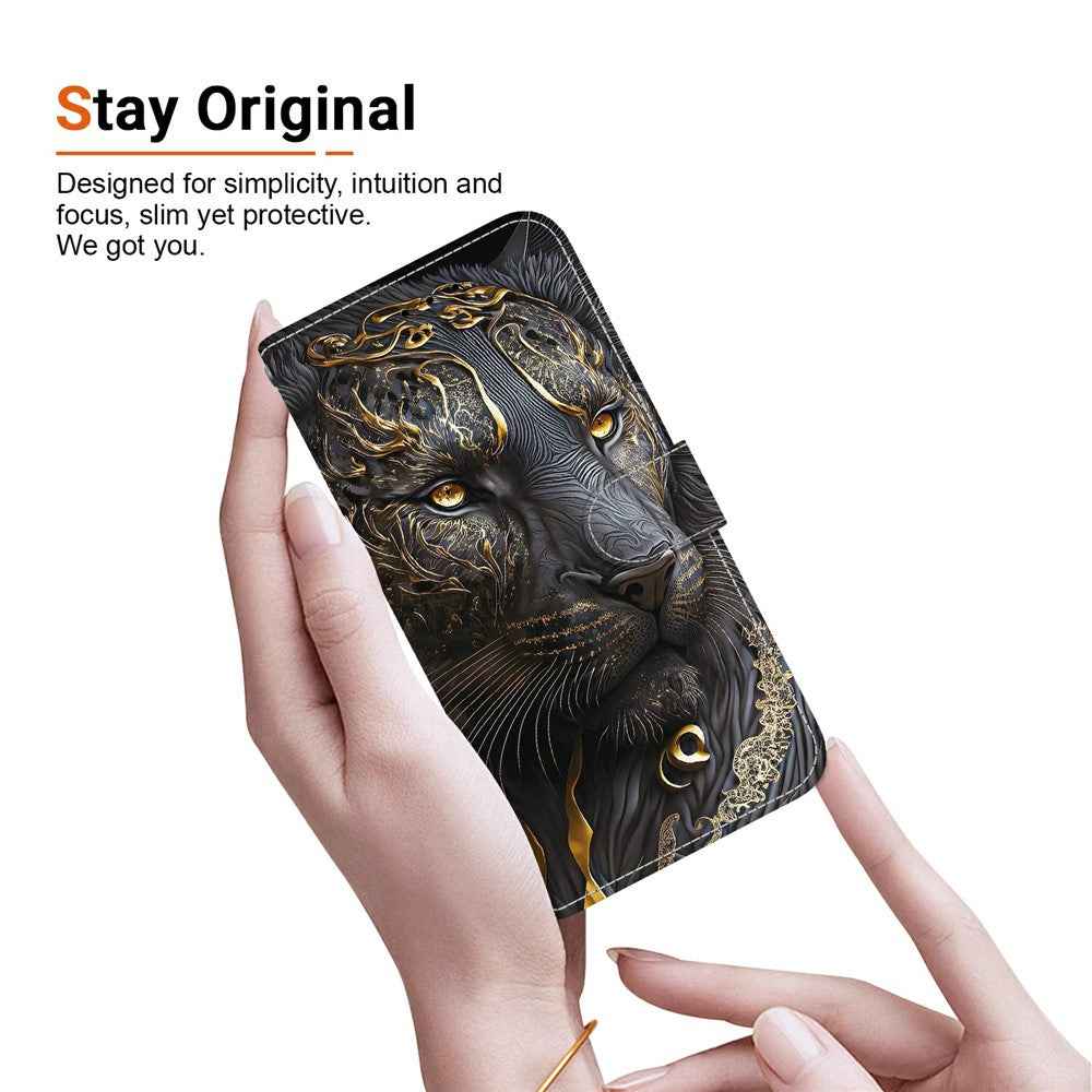 For Samsung Galaxy A57 5G Leather Case Stand Wallet Pattern Printing Phone Cover with Wrist Strap - Black Gold Lion