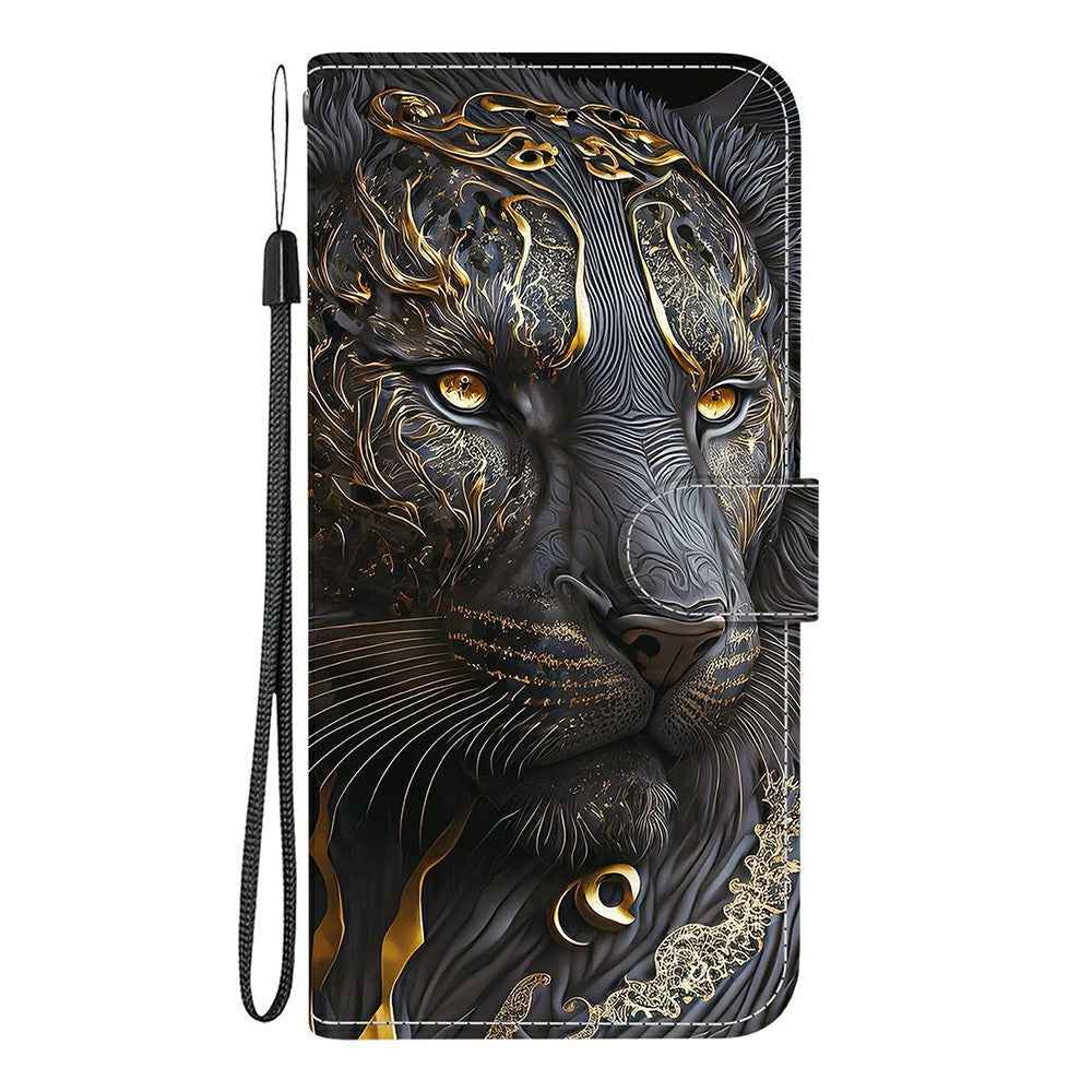 For Samsung Galaxy A57 5G Leather Case Stand Wallet Pattern Printing Phone Cover with Wrist Strap - Black Gold Lion