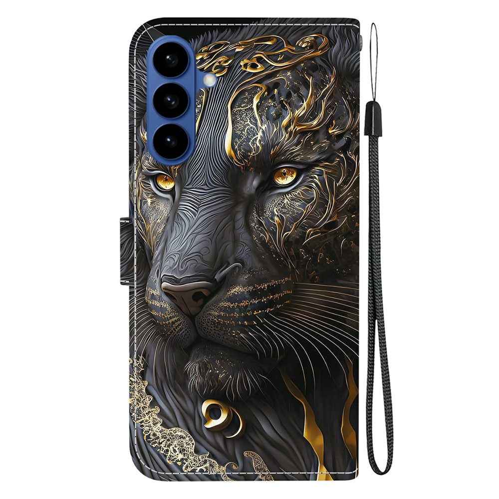 For Samsung Galaxy A57 5G Leather Case Stand Wallet Pattern Printing Phone Cover with Wrist Strap - Black Gold Lion