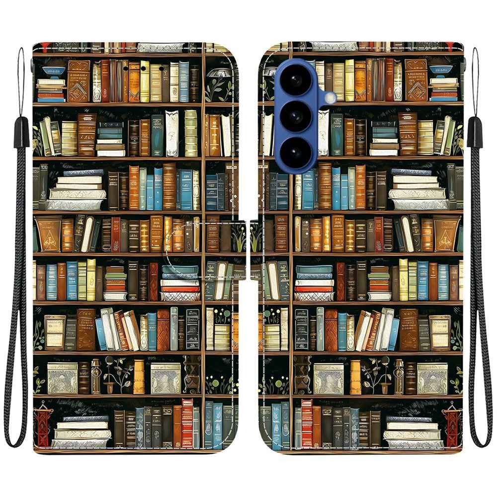 For Samsung Galaxy A57 5G Leather Case Stand Wallet Pattern Printing Phone Cover with Wrist Strap - Bookshelf