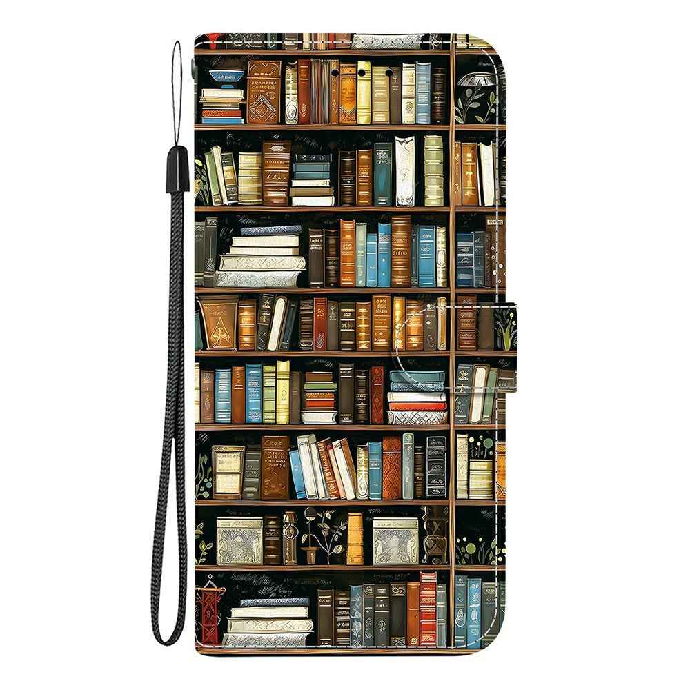 For Samsung Galaxy A57 5G Leather Case Stand Wallet Pattern Printing Phone Cover with Wrist Strap - Bookshelf