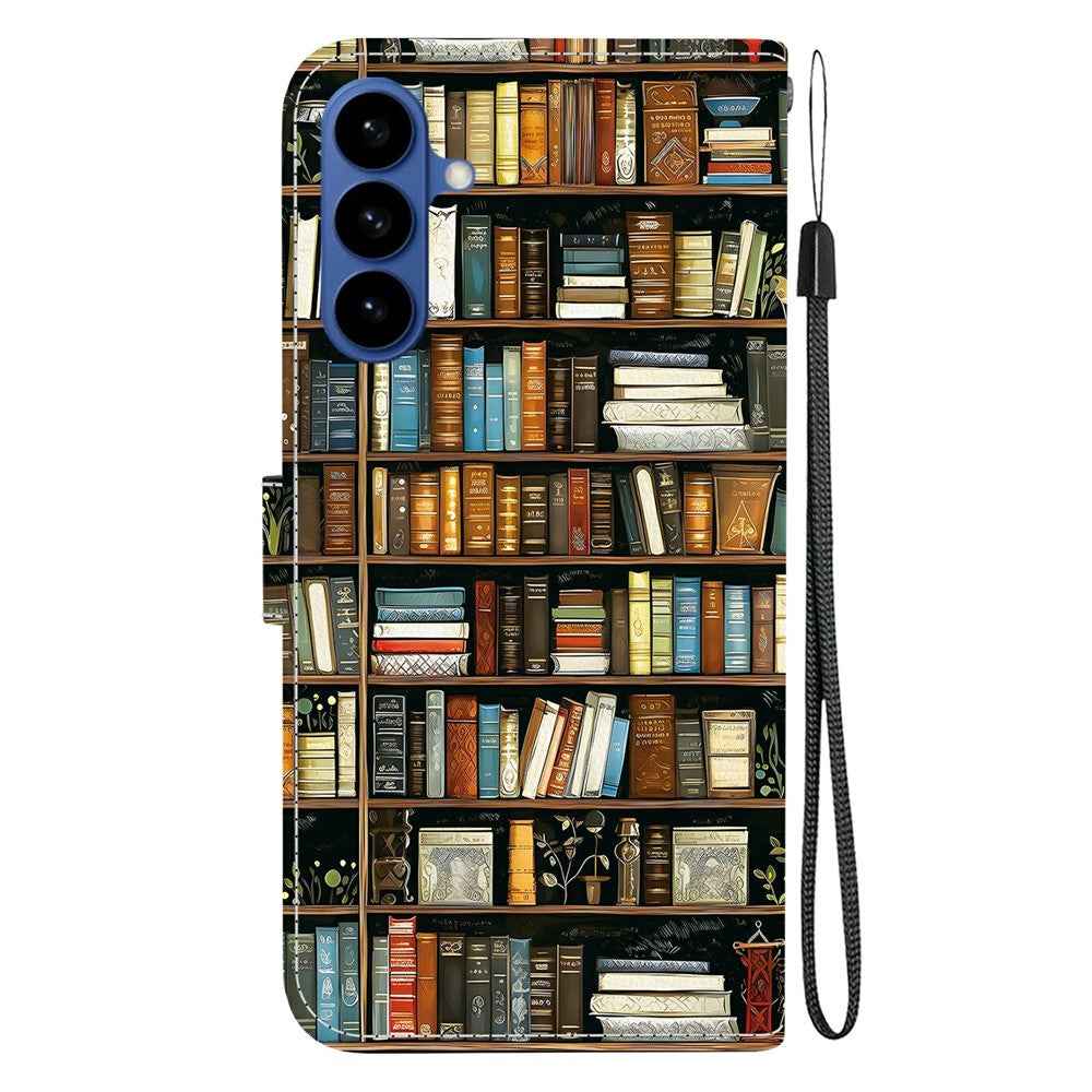 For Samsung Galaxy A57 5G Leather Case Stand Wallet Pattern Printing Phone Cover with Wrist Strap - Bookshelf