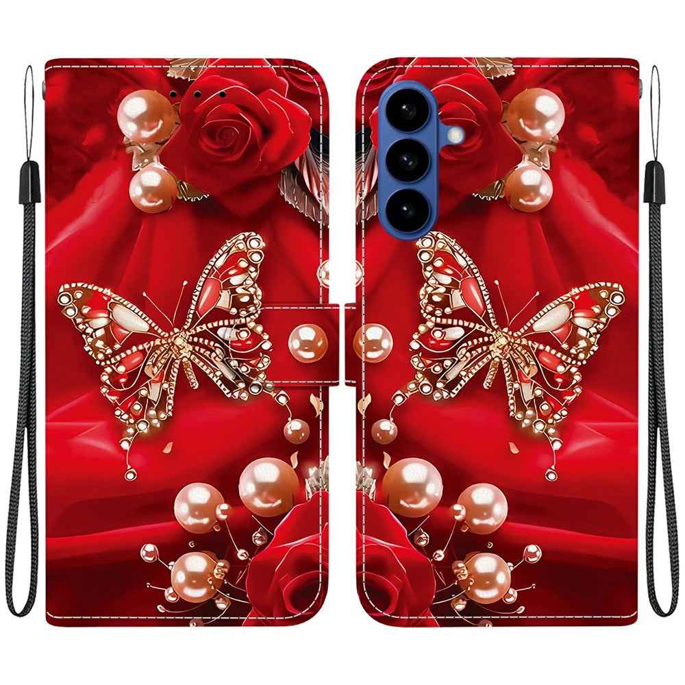 For Samsung Galaxy A57 5G Leather Case Stand Wallet Pattern Printing Phone Cover with Wrist Strap - Pearl Butterfly Rose