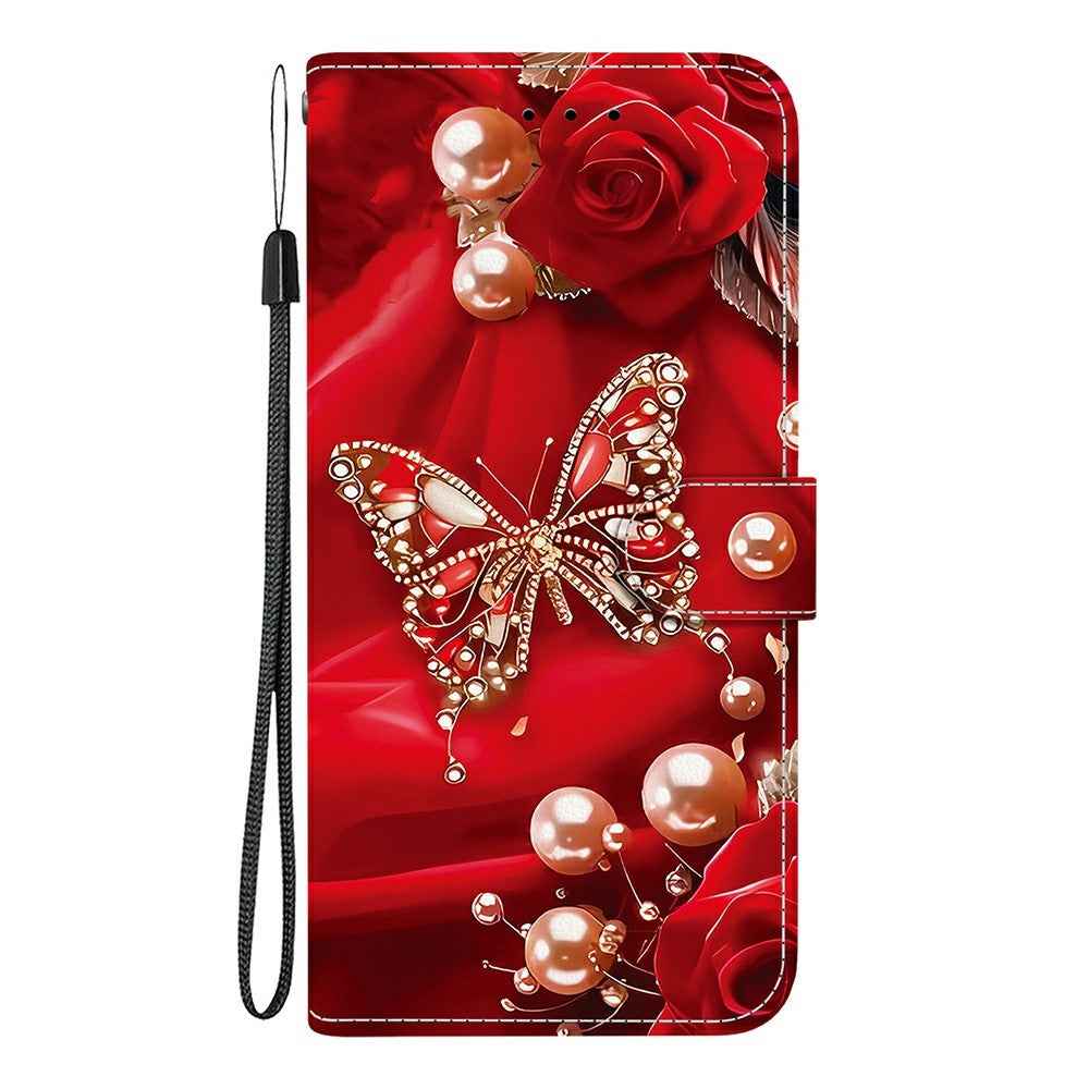 For Samsung Galaxy A57 5G Leather Case Stand Wallet Pattern Printing Phone Cover with Wrist Strap - Pearl Butterfly Rose