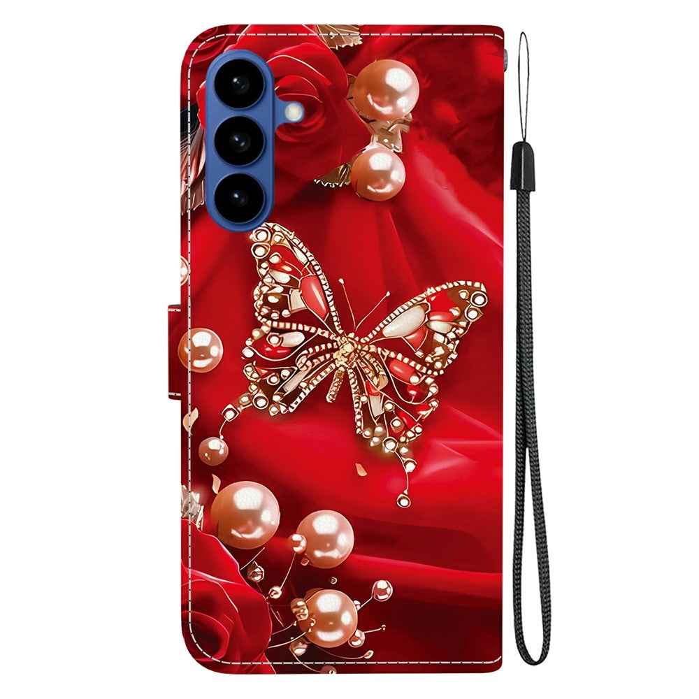 For Samsung Galaxy A57 5G Leather Case Stand Wallet Pattern Printing Phone Cover with Wrist Strap - Pearl Butterfly Rose