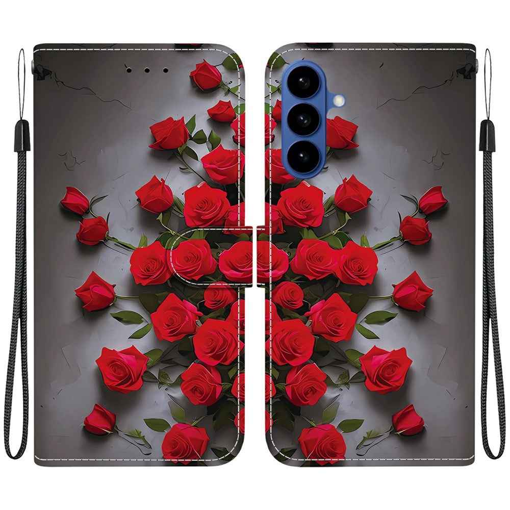 For Samsung Galaxy A57 5G Leather Case Stand Wallet Pattern Printing Phone Cover with Wrist Strap - Red Rose