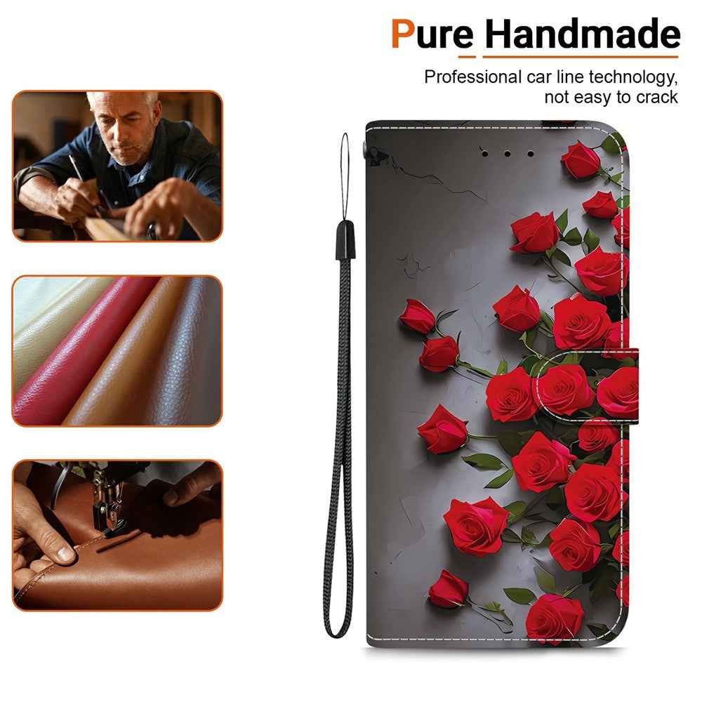 For Samsung Galaxy A57 5G Leather Case Stand Wallet Pattern Printing Phone Cover with Wrist Strap - Red Rose