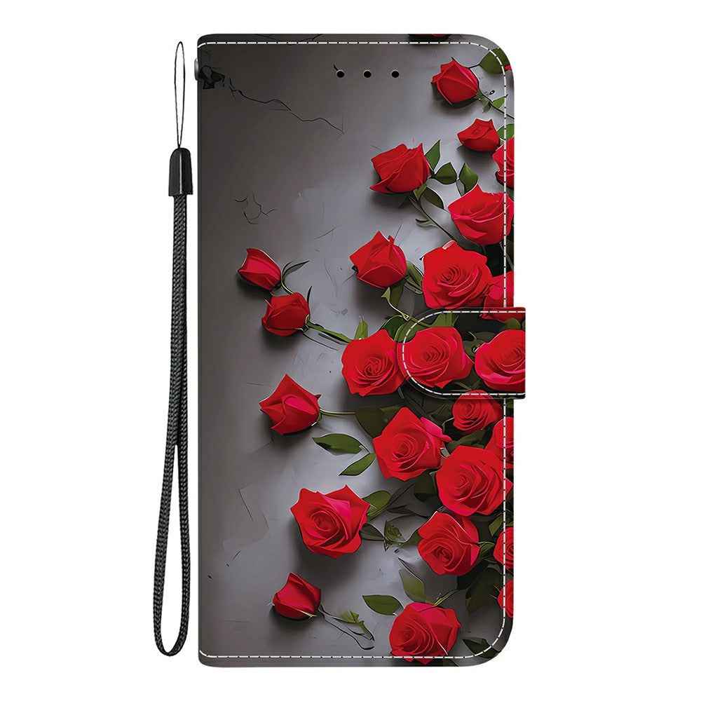 For Samsung Galaxy A57 5G Leather Case Stand Wallet Pattern Printing Phone Cover with Wrist Strap - Red Rose