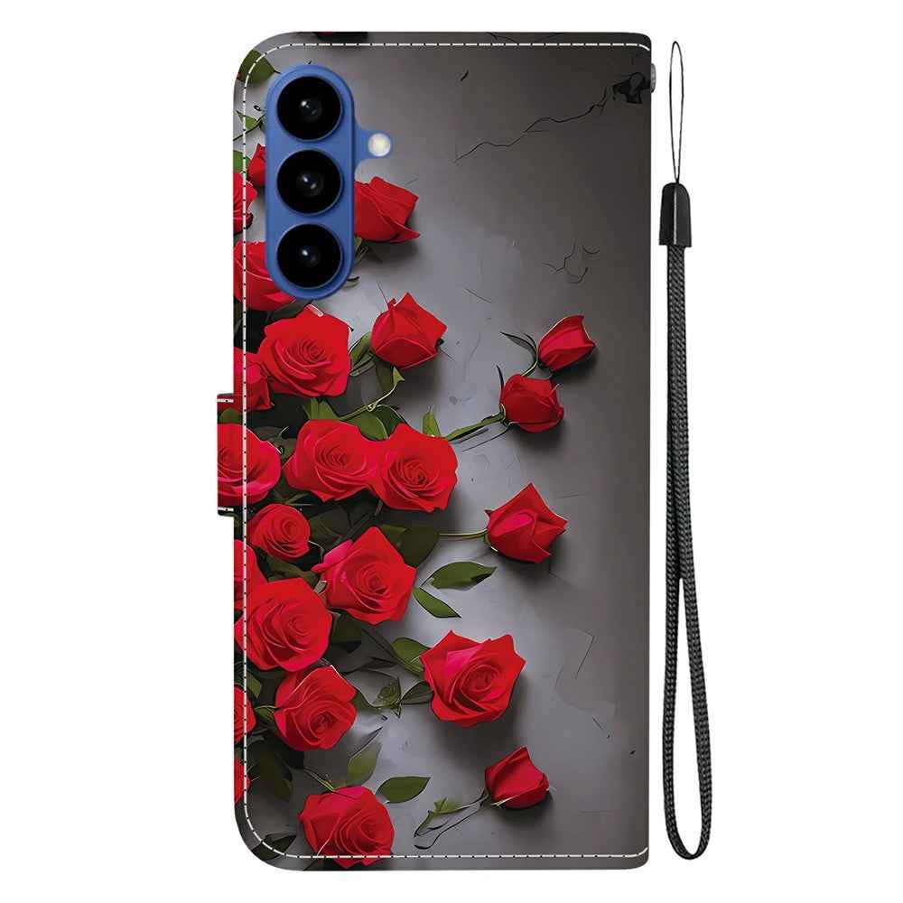 For Samsung Galaxy A57 5G Leather Case Stand Wallet Pattern Printing Phone Cover with Wrist Strap - Red Rose
