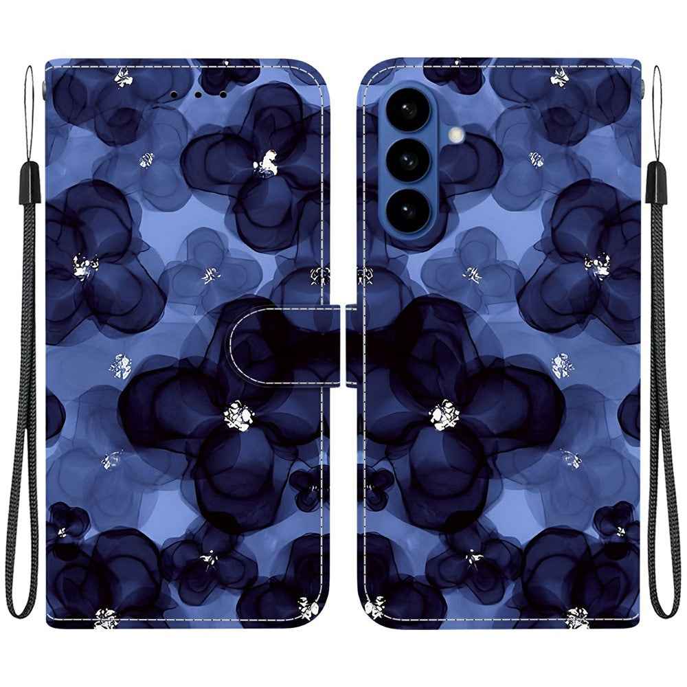 For Samsung Galaxy A57 5G Wallet Case Pattern Printing Leather Stand Phone Cover with Strap - Ink Blue Flower