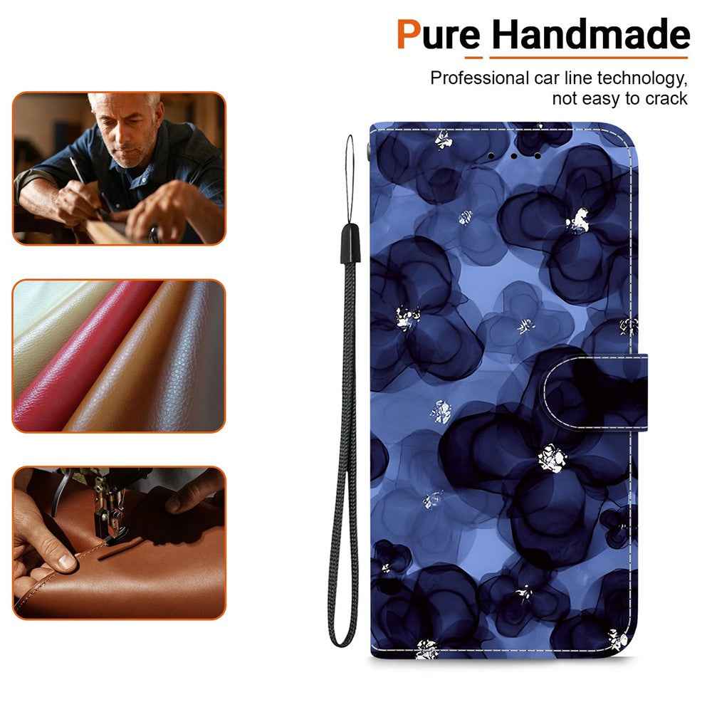 For Samsung Galaxy A57 5G Wallet Case Pattern Printing Leather Stand Phone Cover with Strap - Ink Blue Flower