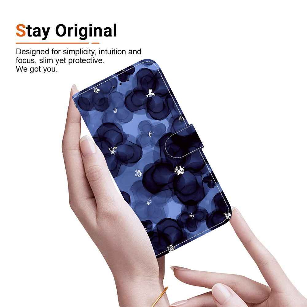 For Samsung Galaxy A57 5G Wallet Case Pattern Printing Leather Stand Phone Cover with Strap - Ink Blue Flower