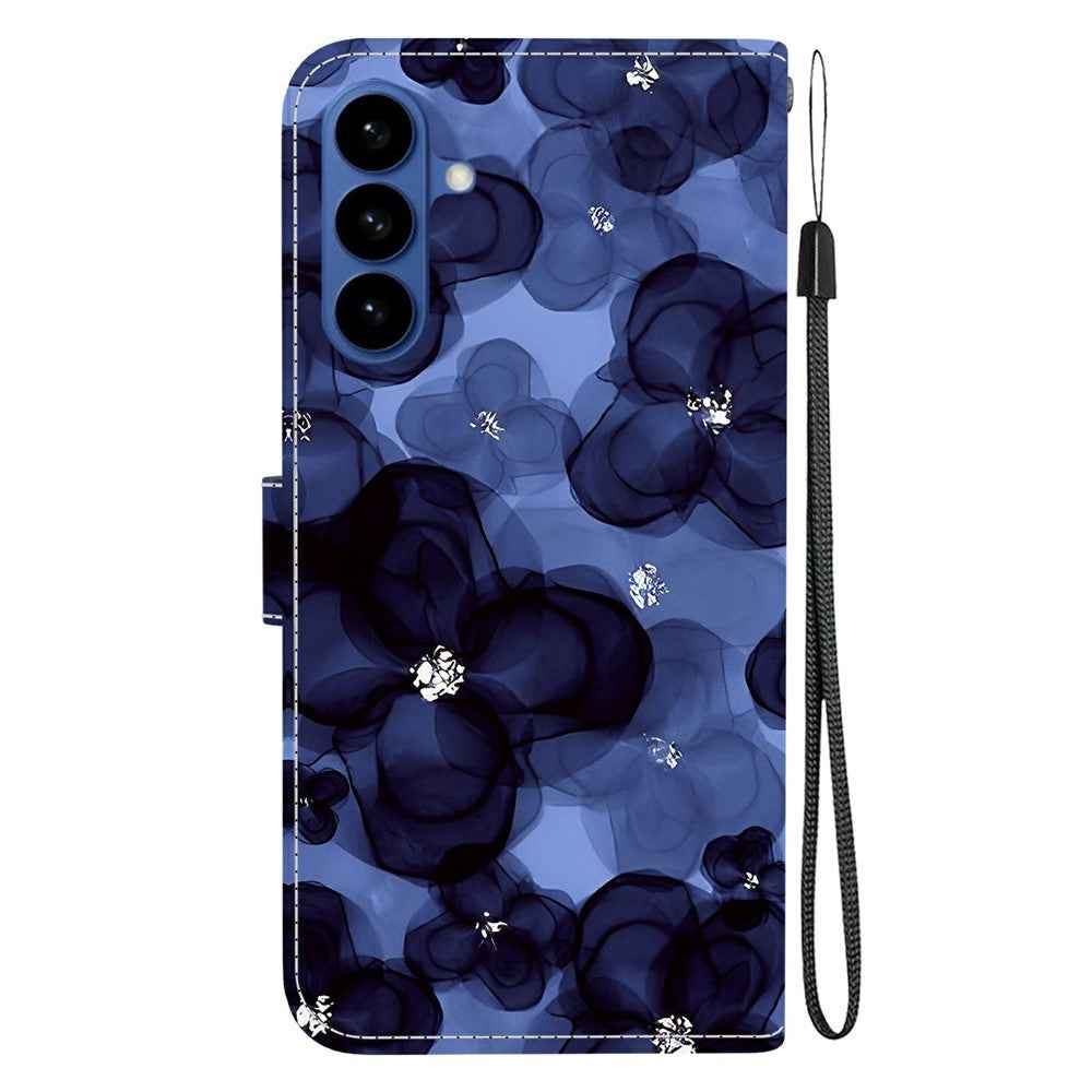 For Samsung Galaxy A57 5G Wallet Case Pattern Printing Leather Stand Phone Cover with Strap - Ink Blue Flower