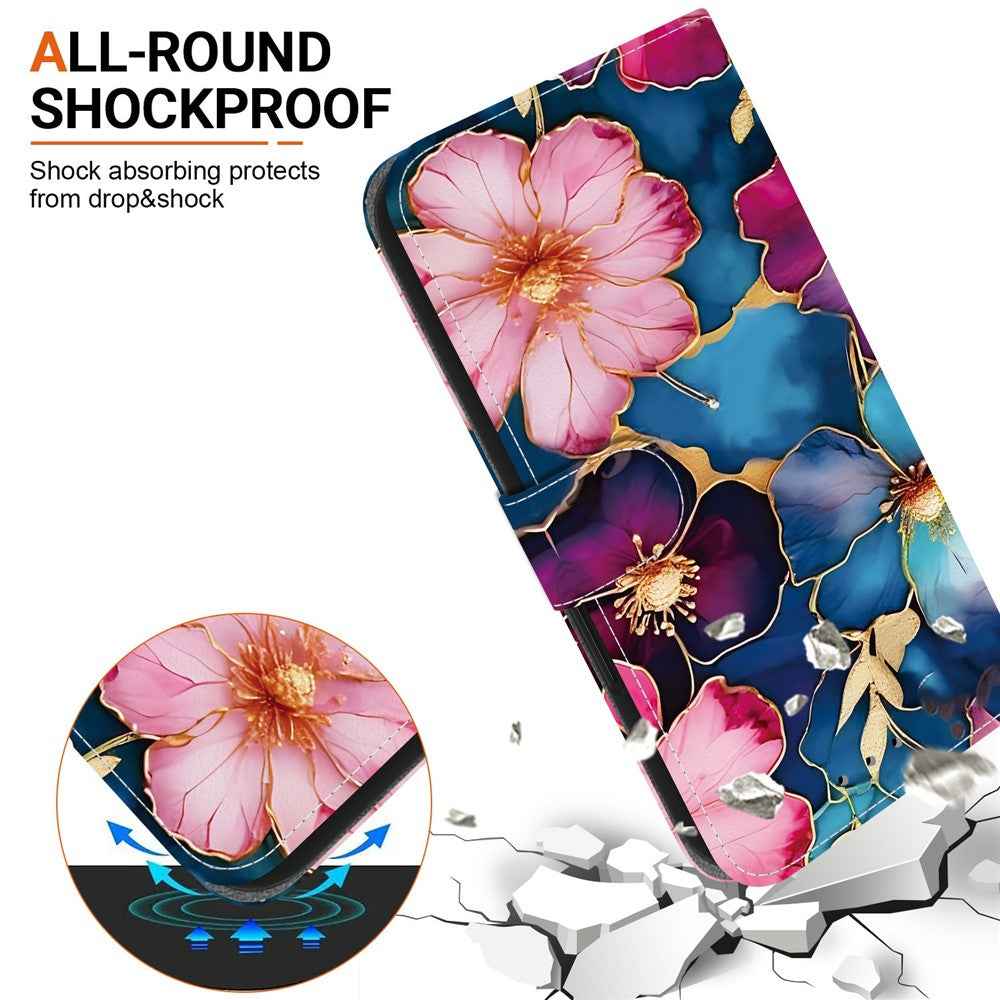 For Samsung Galaxy A57 5G Wallet Case Pattern Printing Leather Stand Phone Cover with Strap - Blue Gold Flower
