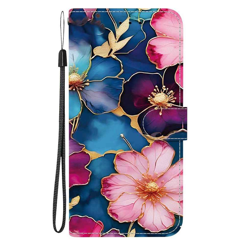 For Samsung Galaxy A57 5G Wallet Case Pattern Printing Leather Stand Phone Cover with Strap - Blue Gold Flower