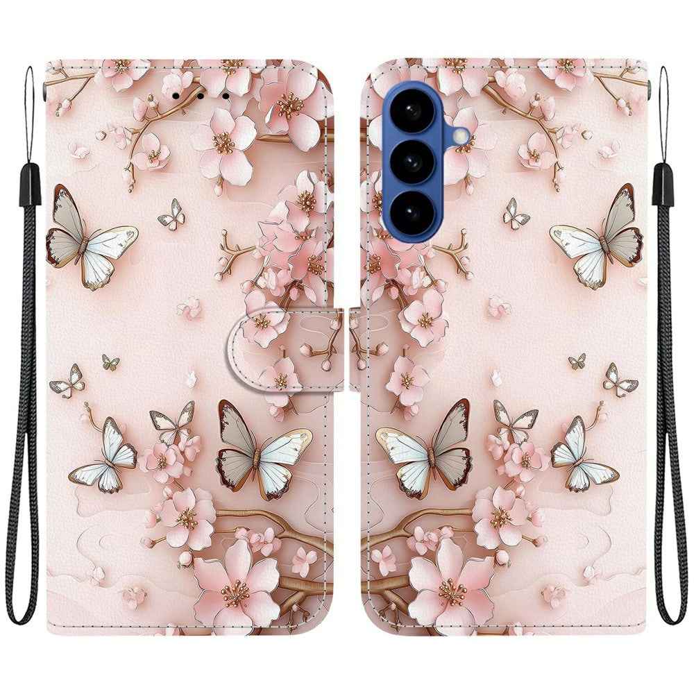For Samsung Galaxy A57 5G Wallet Case Pattern Printing Leather Stand Phone Cover with Strap - Pink Butterfly