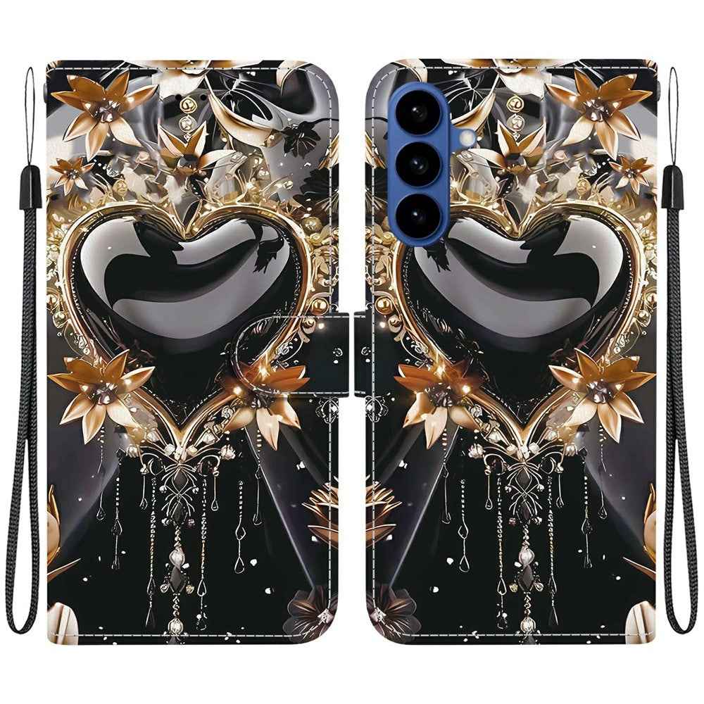 For Samsung Galaxy A57 5G Wallet Case Pattern Printing Leather Stand Phone Cover with Strap - Black Gold Heart