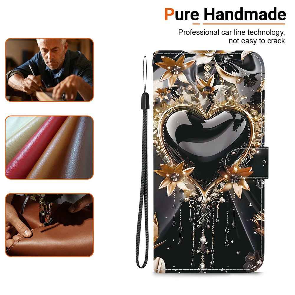 For Samsung Galaxy A57 5G Wallet Case Pattern Printing Leather Stand Phone Cover with Strap - Black Gold Heart