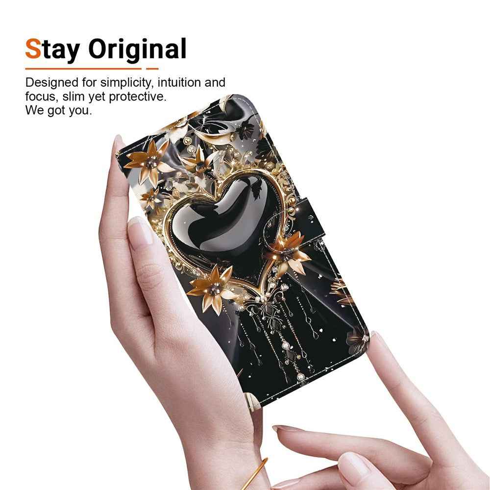 For Samsung Galaxy A57 5G Wallet Case Pattern Printing Leather Stand Phone Cover with Strap - Black Gold Heart