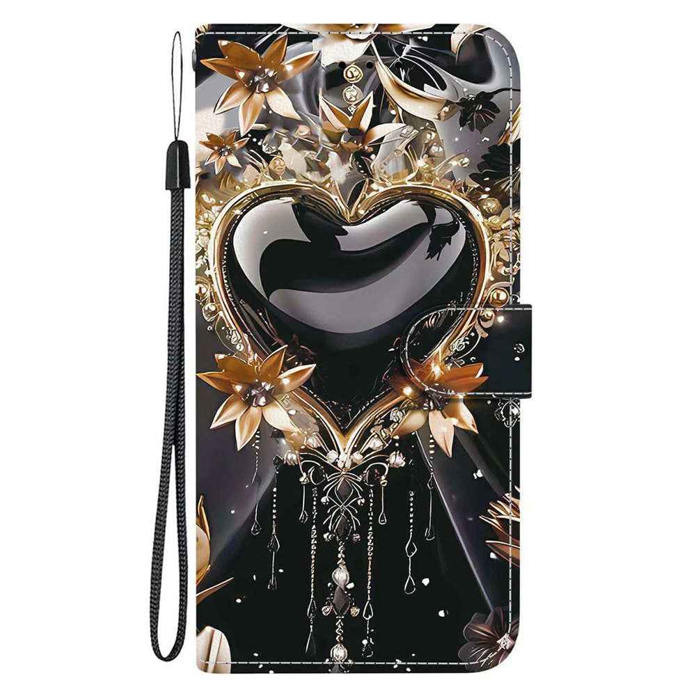 For Samsung Galaxy A57 5G Wallet Case Pattern Printing Leather Stand Phone Cover with Strap - Black Gold Heart