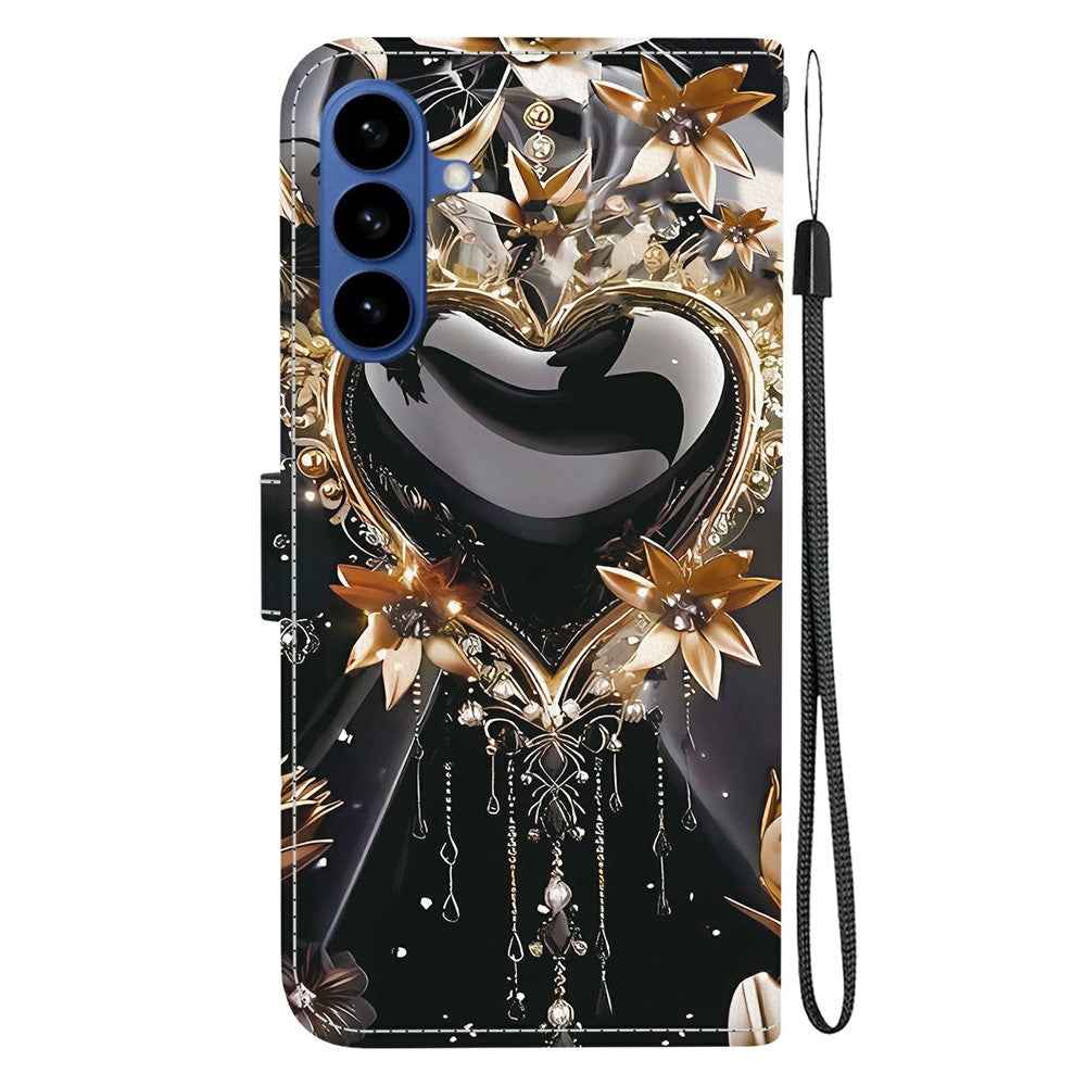 For Samsung Galaxy A57 5G Wallet Case Pattern Printing Leather Stand Phone Cover with Strap - Black Gold Heart