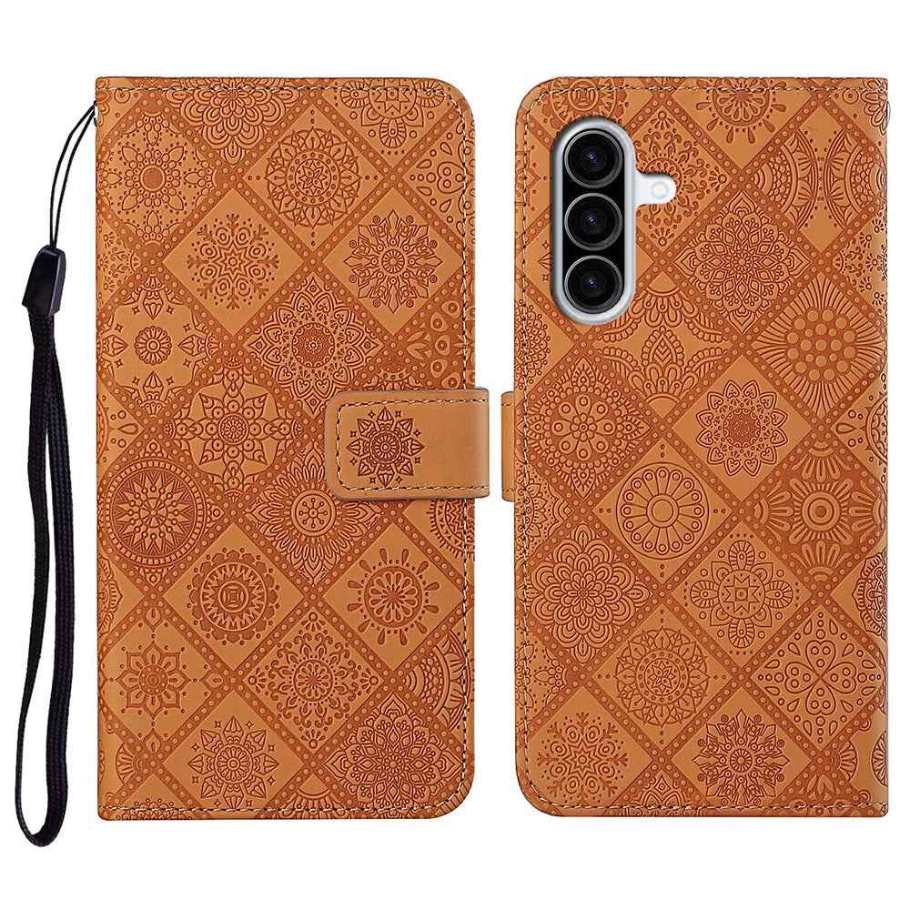 For Samsung Galaxy A57 5G Case Leather Case Ethnic Style Wallet Phone Cover with Strap - Brown