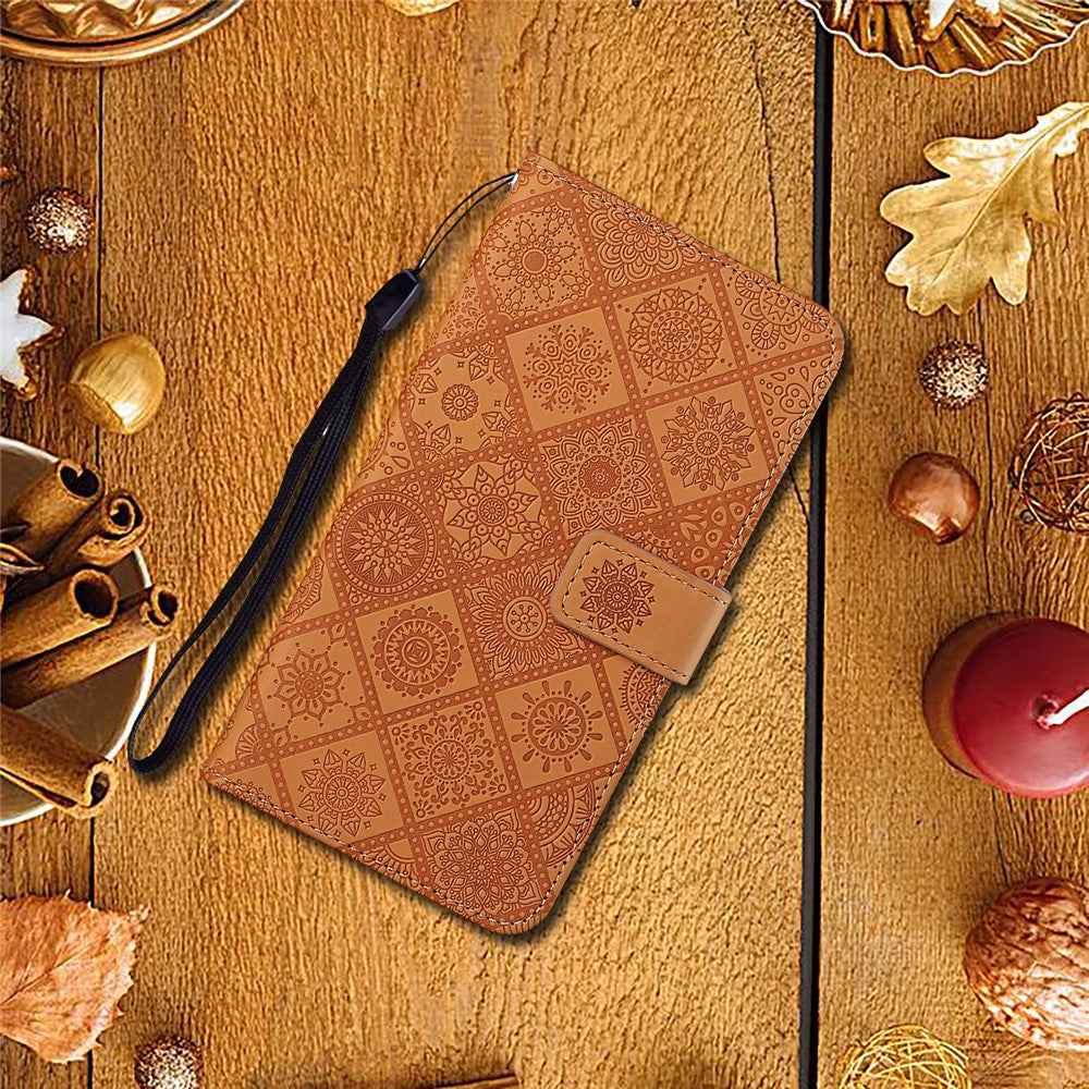 For Samsung Galaxy A57 5G Case Leather Case Ethnic Style Wallet Phone Cover with Strap - Brown