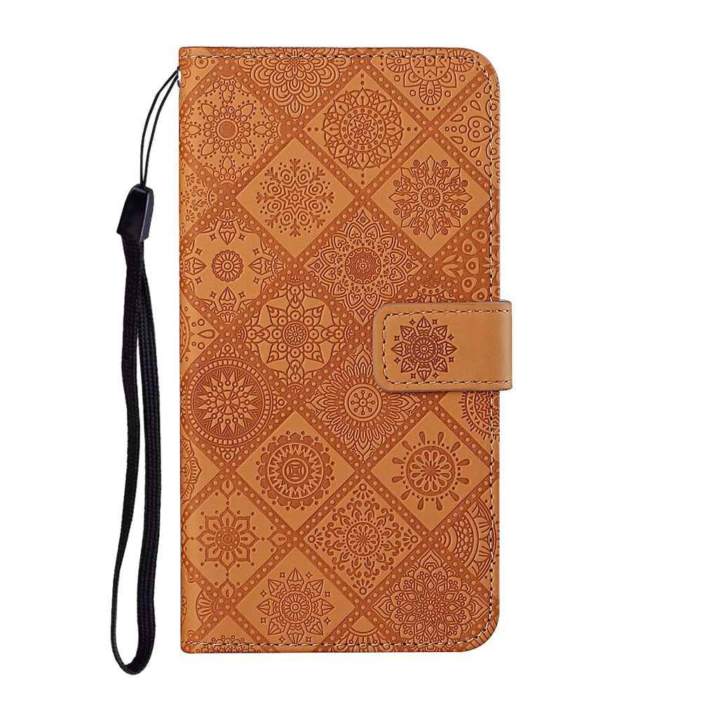 For Samsung Galaxy A57 5G Case Leather Case Ethnic Style Wallet Phone Cover with Strap - Brown