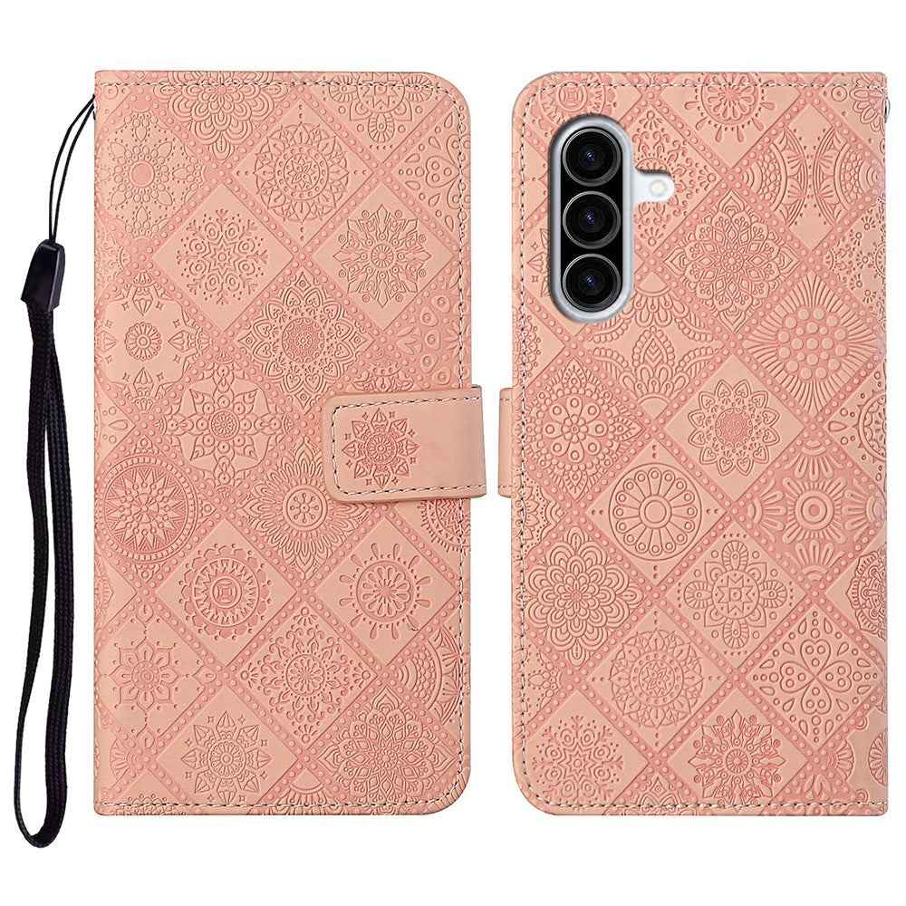 For Samsung Galaxy A57 5G Case Leather Case Ethnic Style Wallet Phone Cover with Strap - Pink