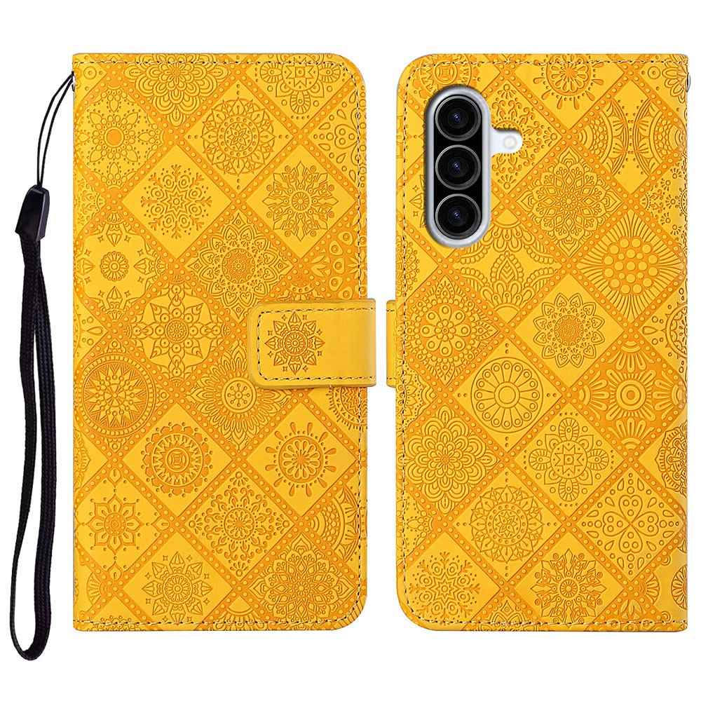 For Samsung Galaxy A57 5G Case Leather Case Ethnic Style Wallet Phone Cover with Strap - Yellow